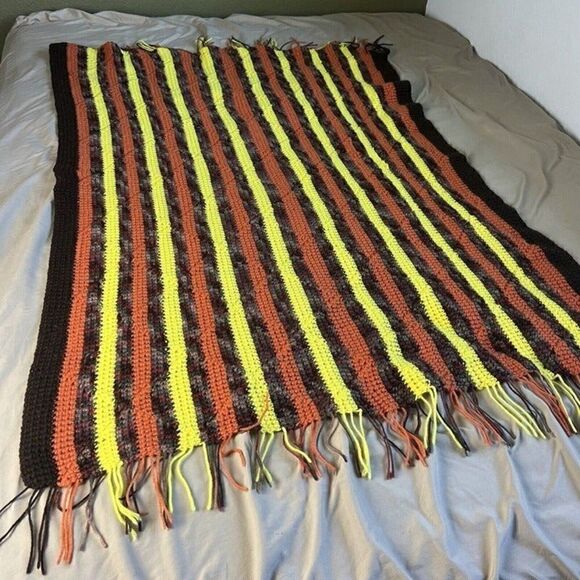 70s Vintage Diamond Crochet Knitted Afghan Blanket Brown Orange Yellow Retro￼ - Picture 2 of 12